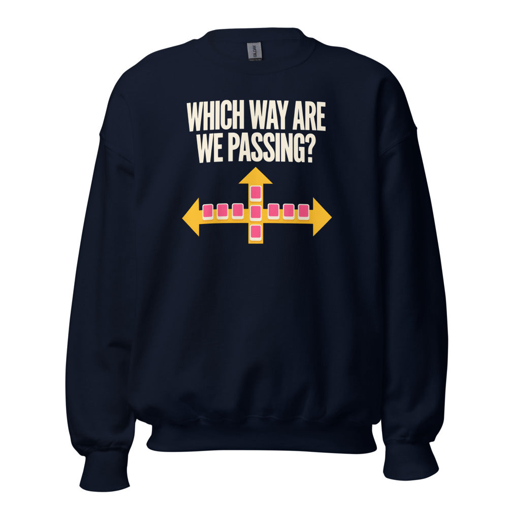 Which Way Are We Passing funny mahjong crewneck sweatshirt — Navy, front