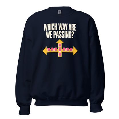 Which Way Are We Passing funny mahjong crewneck sweatshirt — Navy, front