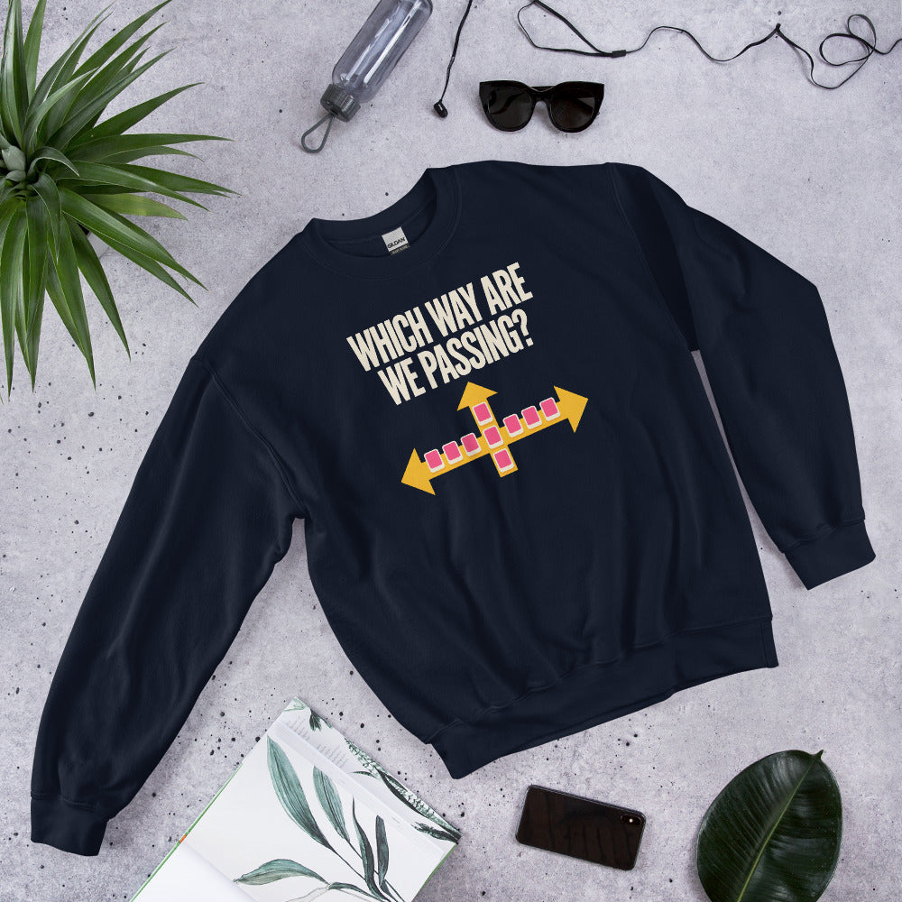 Which Way Are We Passing funny mahjong crewneck sweatshirt — Navy, flat lay