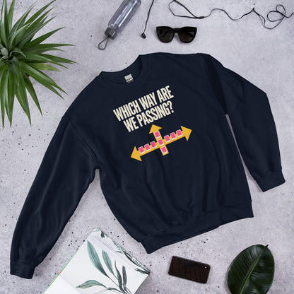 Which Way Are We Passing funny mahjong crewneck sweatshirt — Navy, flat lay