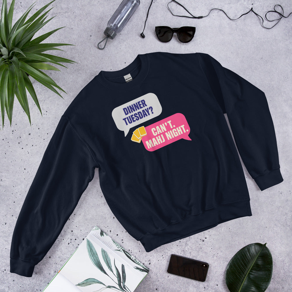 Mahj Night funny mahjong crewneck sweatshirt — Navy, flat lay