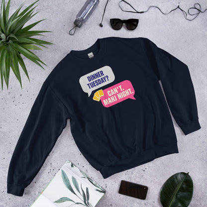 Mahj Night funny mahjong crewneck sweatshirt — Navy, flat lay