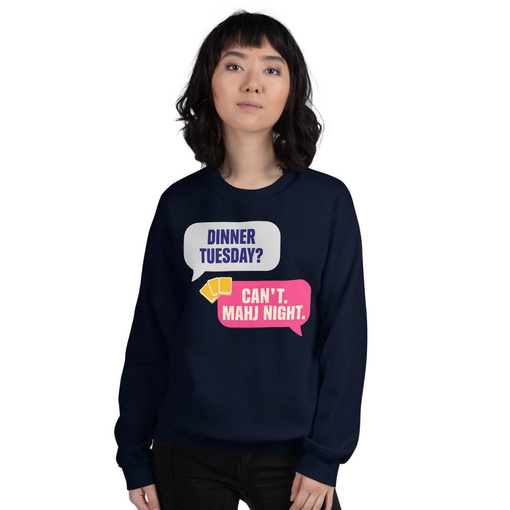 Mahj Night funny mahjong crewneck sweatshirt — Navy, on model