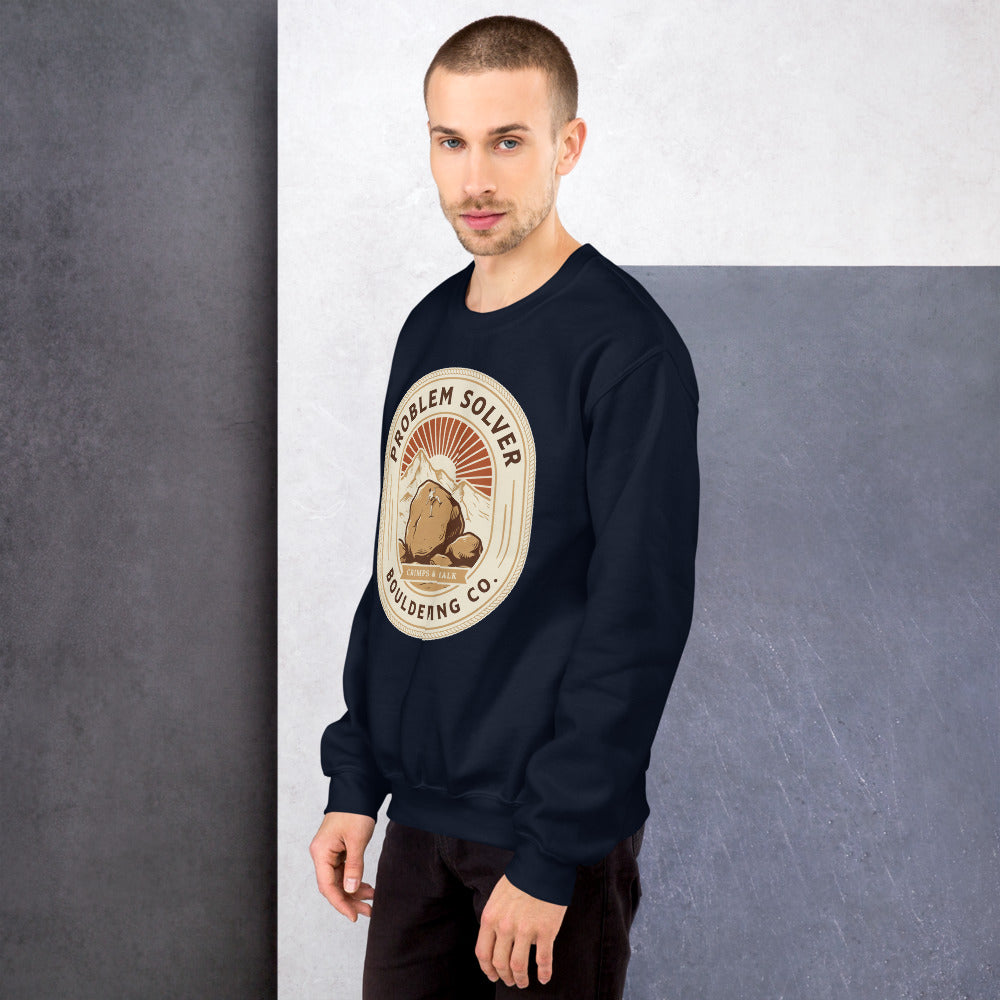 Problem Solver Bouldering Badge crewneck sweatshirt — Navy, on model