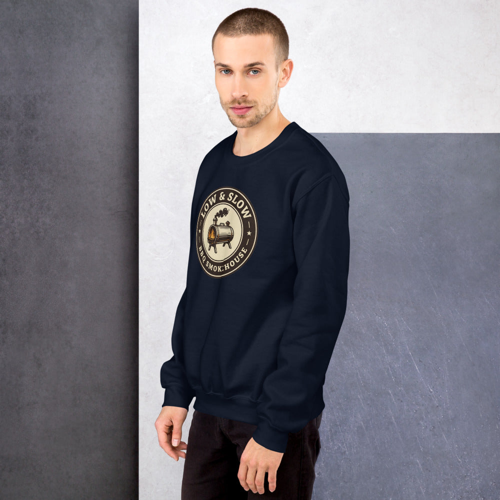 Low & Slow BBQ smoker crewneck sweatshirt — Navy, on model