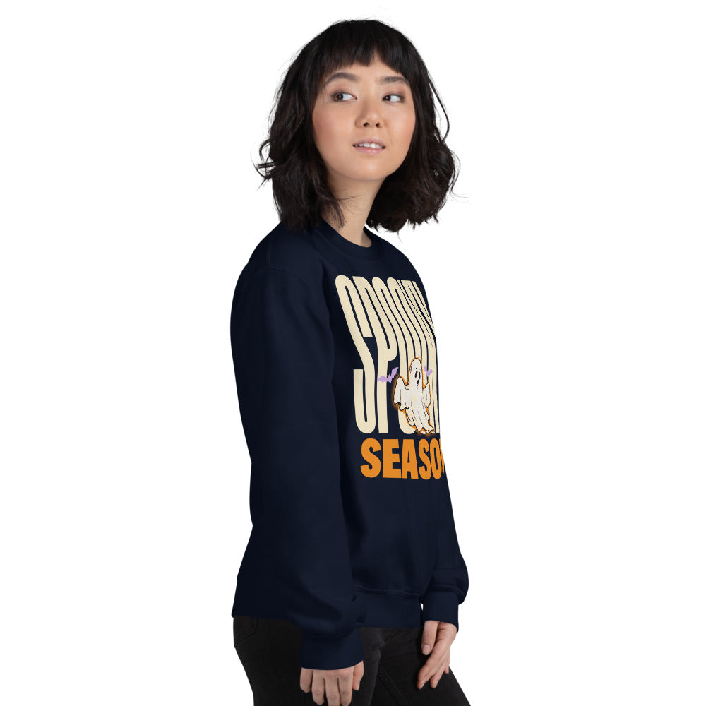 Spooky Season retro Halloween ghost typography crewneck sweatshirt — Navy, on model