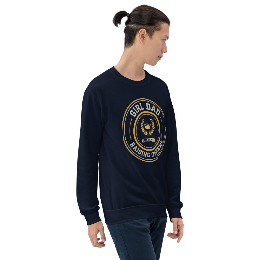 Girl Dad Raising Queens crest crewneck sweatshirt — Navy, on model