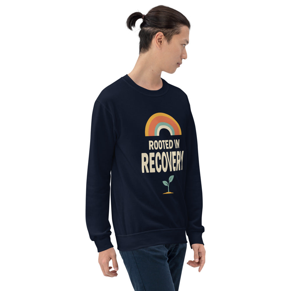 Rooted in Recovery retro rainbow crewneck sweatshirt — Navy, on model