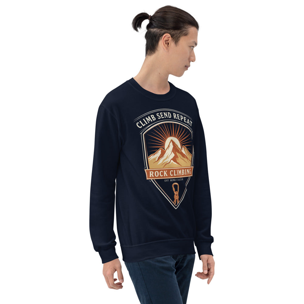 Climb Send Repeat mountaineering crest crewneck sweatshirt — Navy, on model