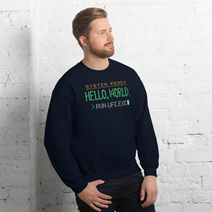 Hello World retro boot screen programmer crewneck sweatshirt — Navy, on model