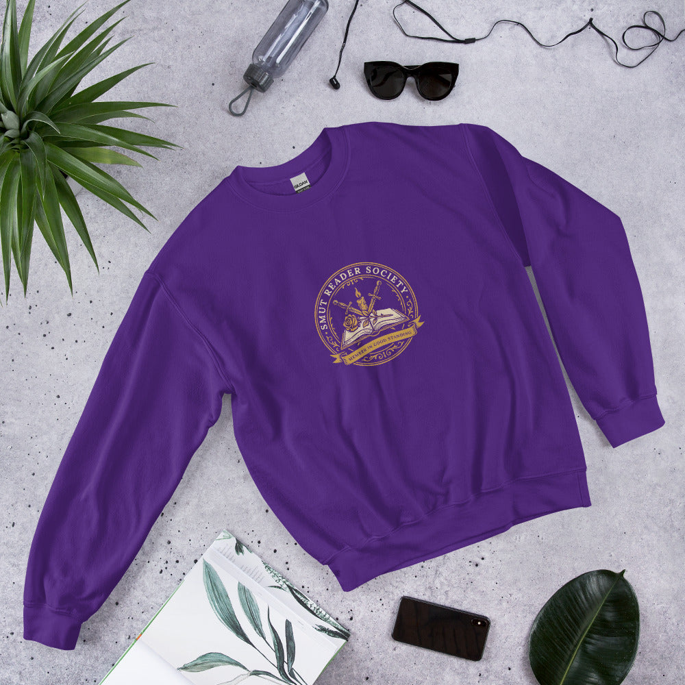 Smut Reader Society book lover dark academia crewneck sweatshirt — Purple, front angled