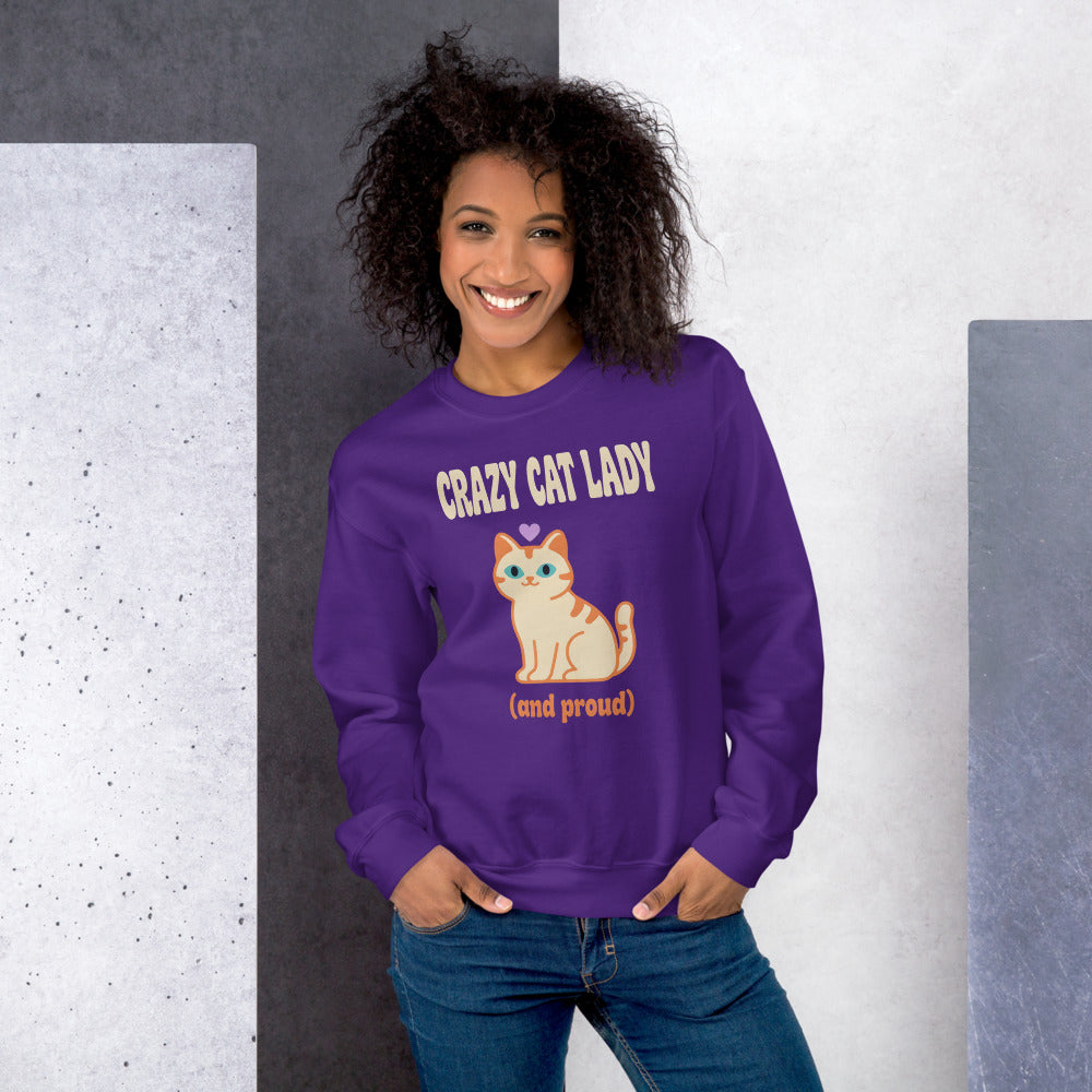 Crazy Cat Lady and Proud retro Y2K crewneck sweatshirt — Purple, on model