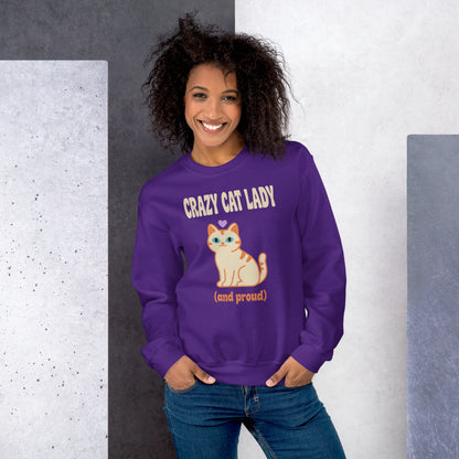 Crazy Cat Lady and Proud retro Y2K crewneck sweatshirt — Purple, on model