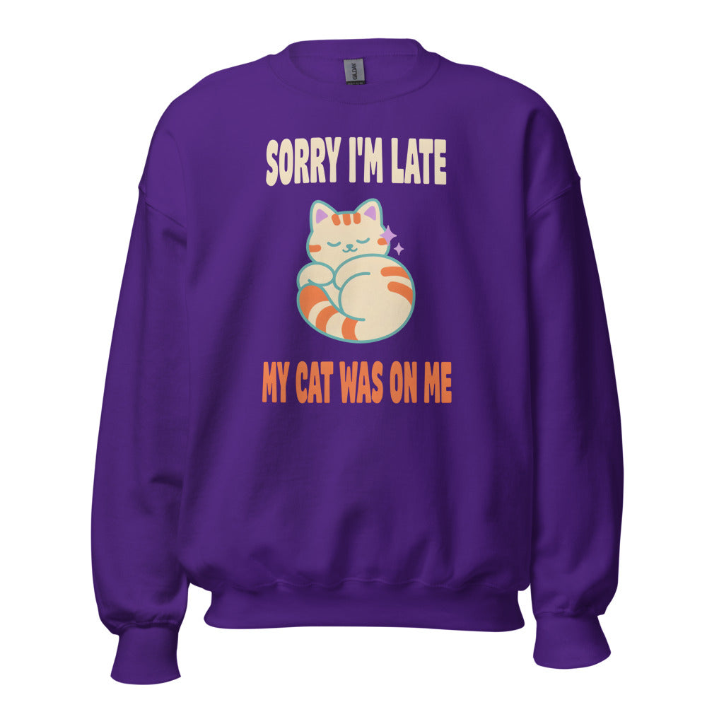 Sorry I'm Late My Cat Was On Me funny cat mom crewneck sweatshirt — Purple, front