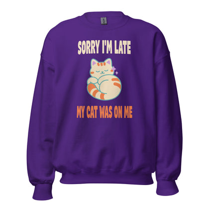 Sorry I'm Late My Cat Was On Me funny cat mom crewneck sweatshirt — Purple, front