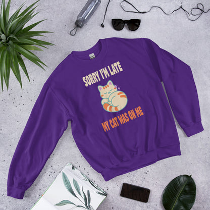 Sorry I'm Late My Cat Was On Me funny cat mom crewneck sweatshirt — Purple, front-right