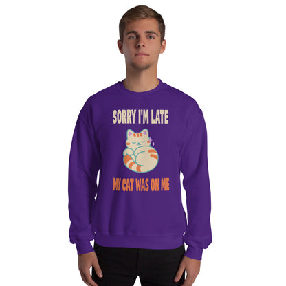 Sorry I'm Late My Cat Was On Me funny cat mom crewneck sweatshirt — Purple, on model