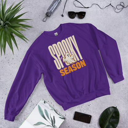 Spooky Season retro Halloween ghost typography crewneck sweatshirt — Purple, front angled