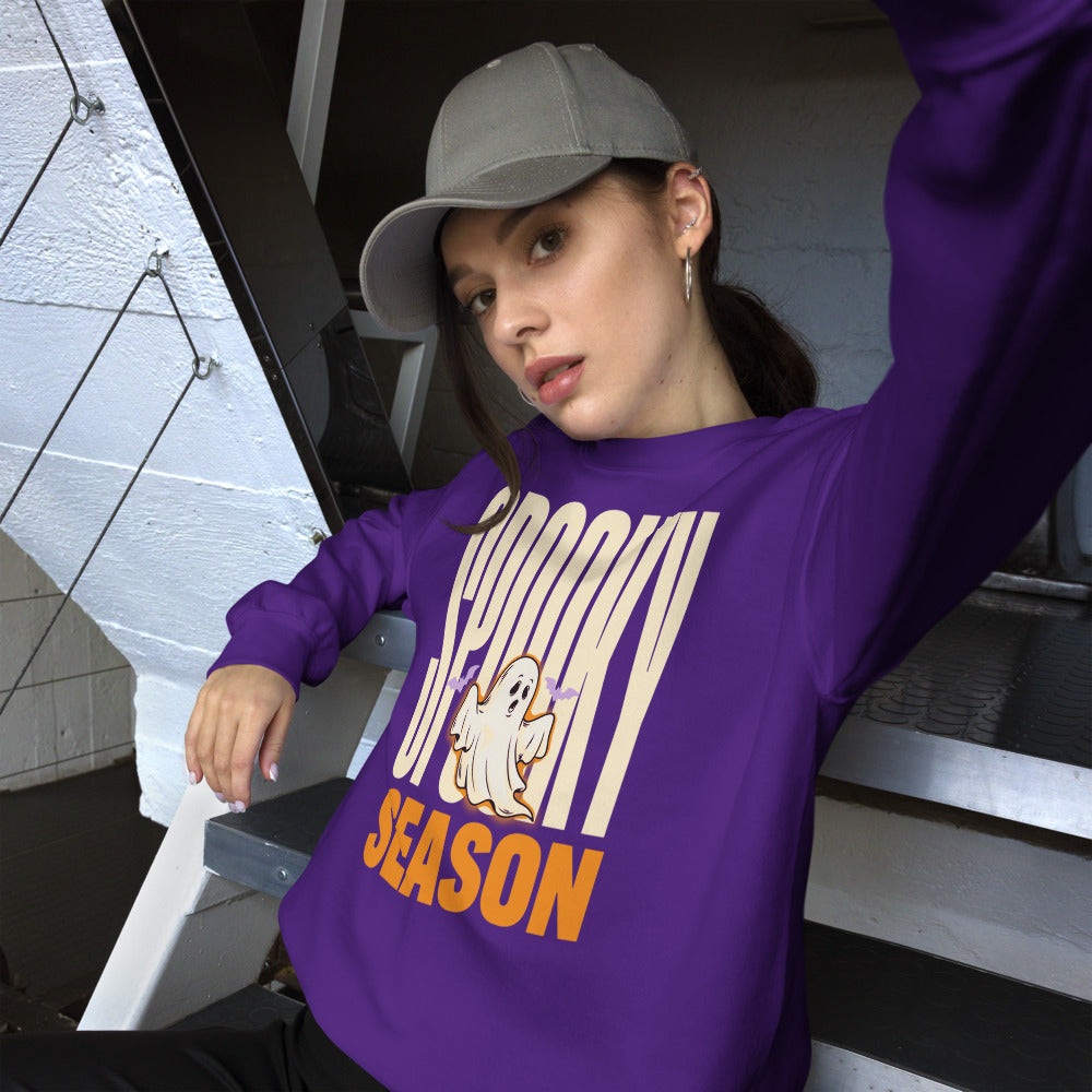 Spooky Season retro Halloween ghost typography crewneck sweatshirt — Purple, on model