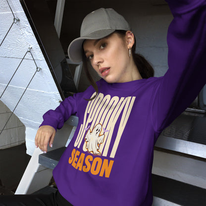 Spooky Season retro Halloween ghost typography crewneck sweatshirt — Purple, on model