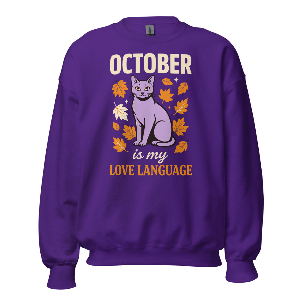 October Is My Love Language retro Halloween black cat crewneck sweatshirt — Purple, front