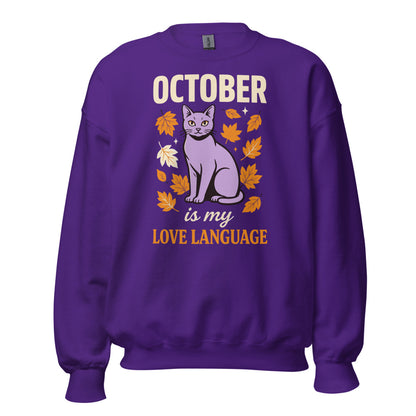 October Is My Love Language retro Halloween black cat crewneck sweatshirt — Purple, front