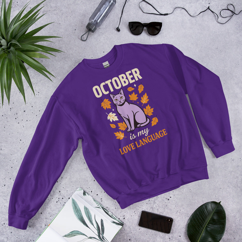 October Is My Love Language retro Halloween black cat crewneck sweatshirt — Purple, front view