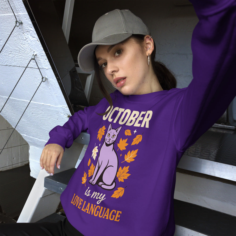 October Is My Love Language retro Halloween black cat crewneck sweatshirt — Purple, on model