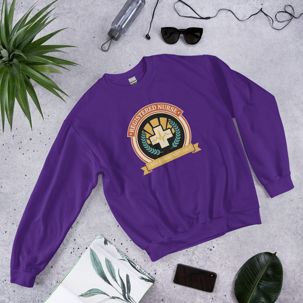 Registered Nurse vintage healthcare emblem badge crewneck sweatshirt — Purple, front-right