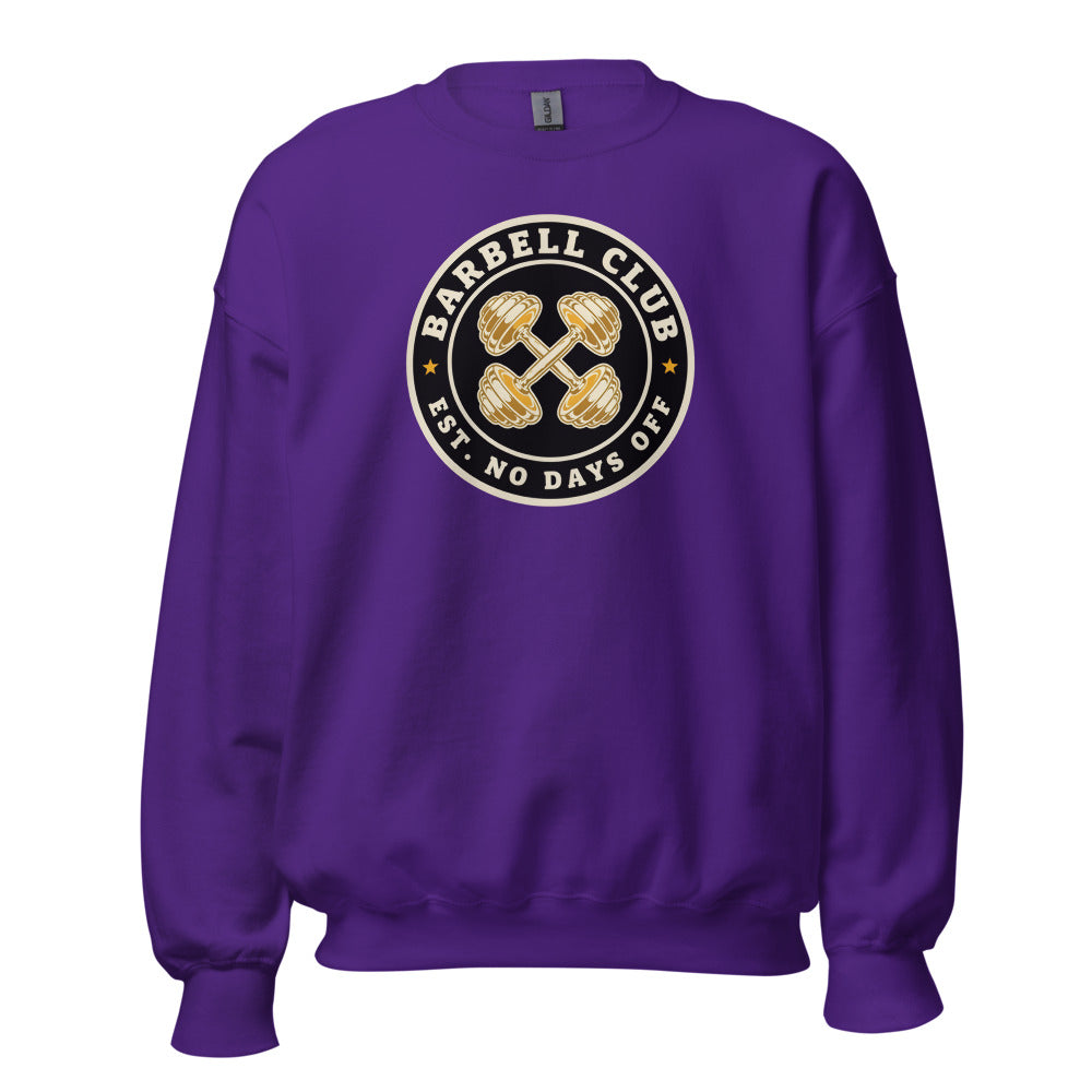 Barbell Club No Days Off vintage gym crewneck sweatshirt — Purple, front