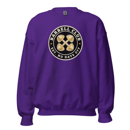 Barbell Club No Days Off vintage gym crewneck sweatshirt — Purple, front
