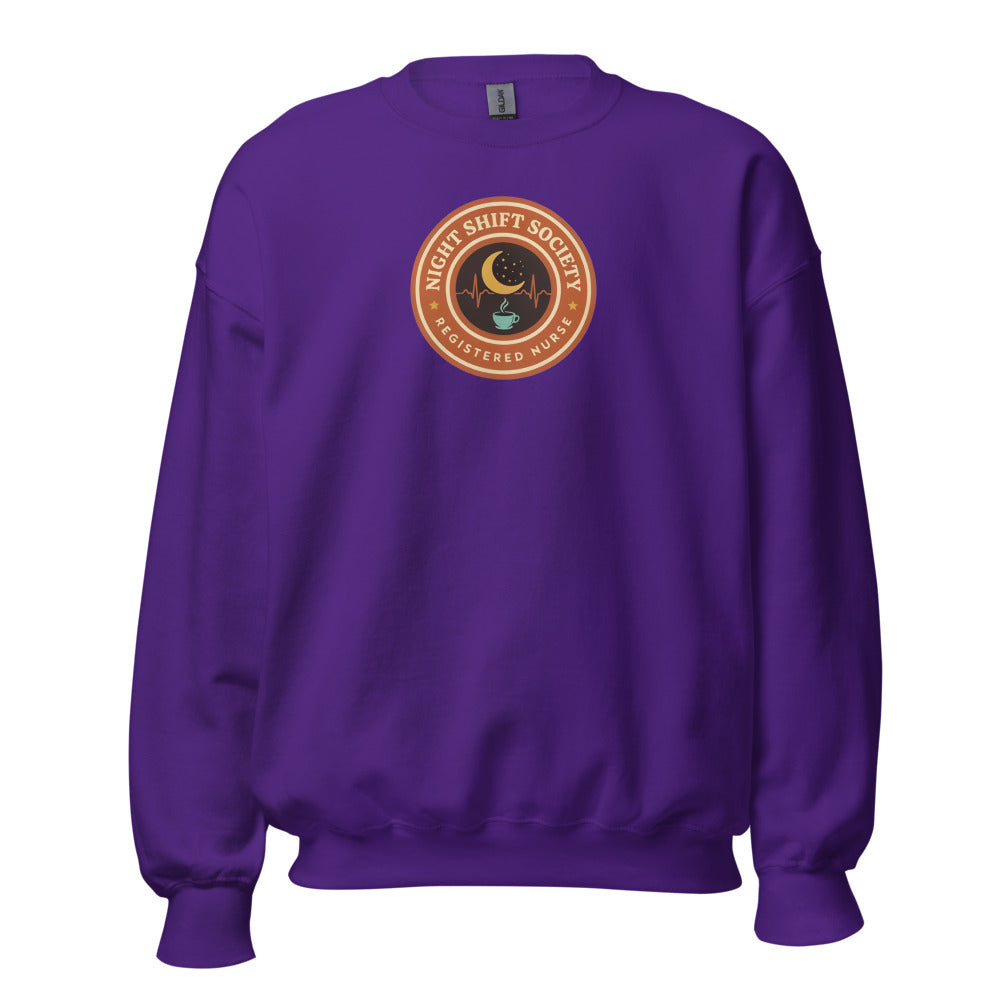Night Shift Society retro registered nurse badge crewneck sweatshirt — Purple, front