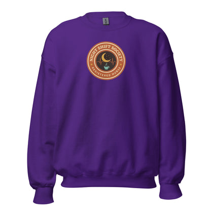 Night Shift Society retro registered nurse badge crewneck sweatshirt — Purple, front