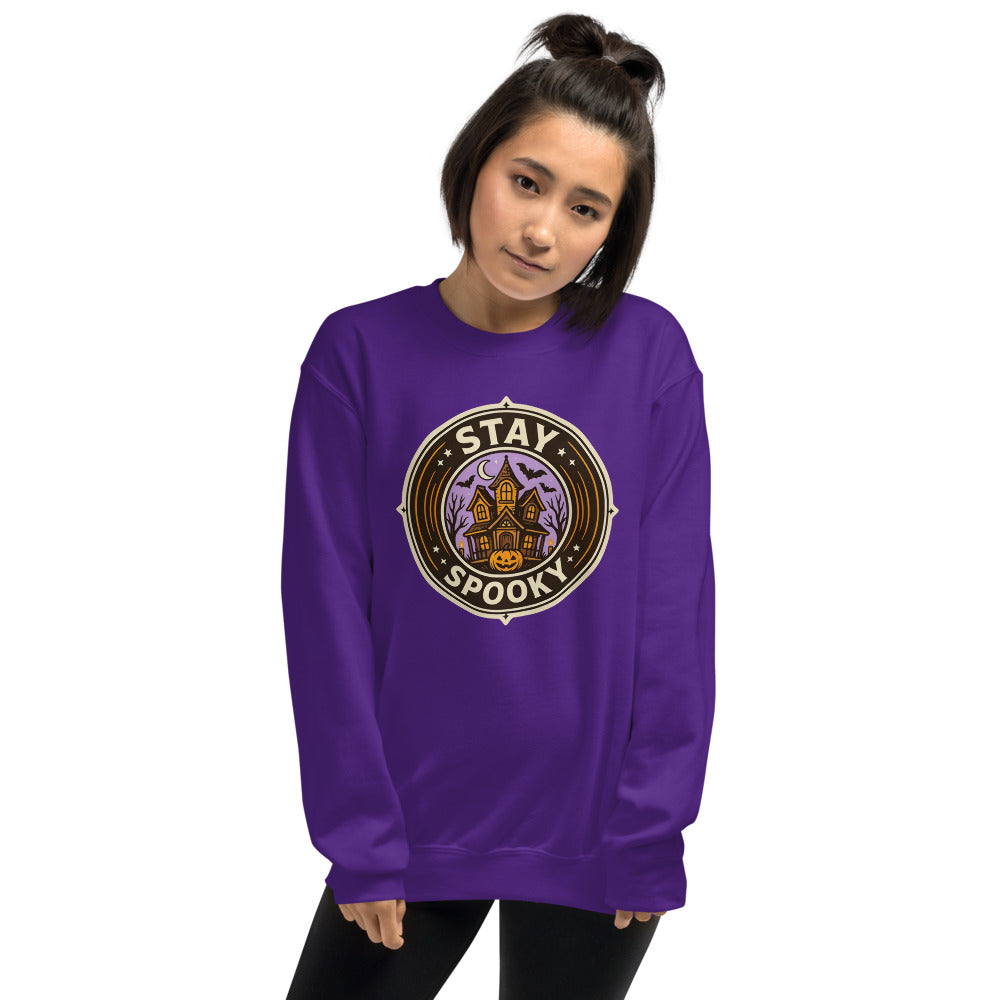Stay Spooky retro Halloween vintage badge crewneck sweatshirt — Purple, on model