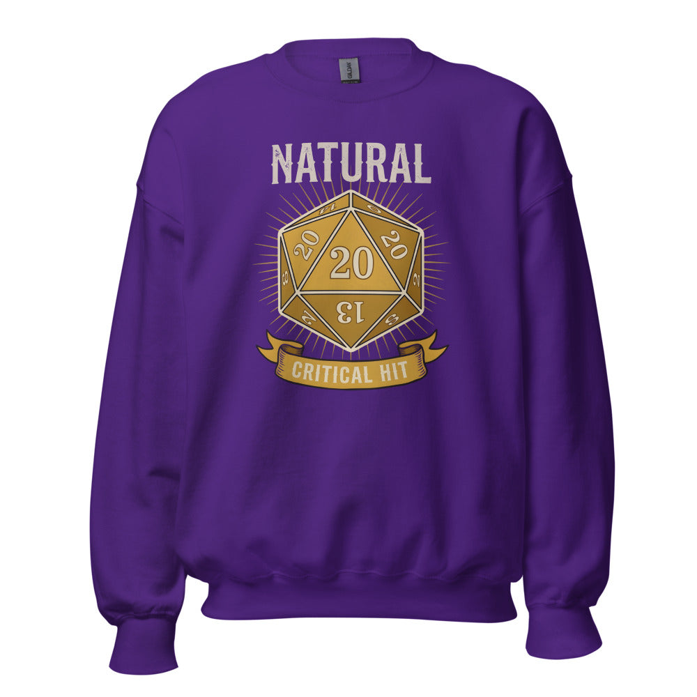 Natural 20 critical hit d20 tabletop RPG crewneck sweatshirt — Purple, front