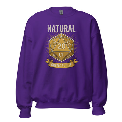 Natural 20 critical hit d20 tabletop RPG crewneck sweatshirt — Purple, front