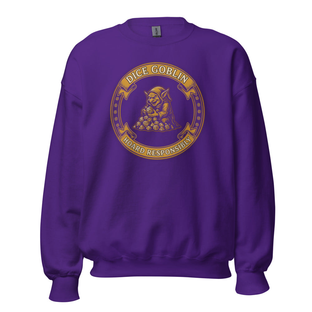 Dice Goblin Hoard Responsibly tabletop RPG crewneck sweatshirt — Purple, front