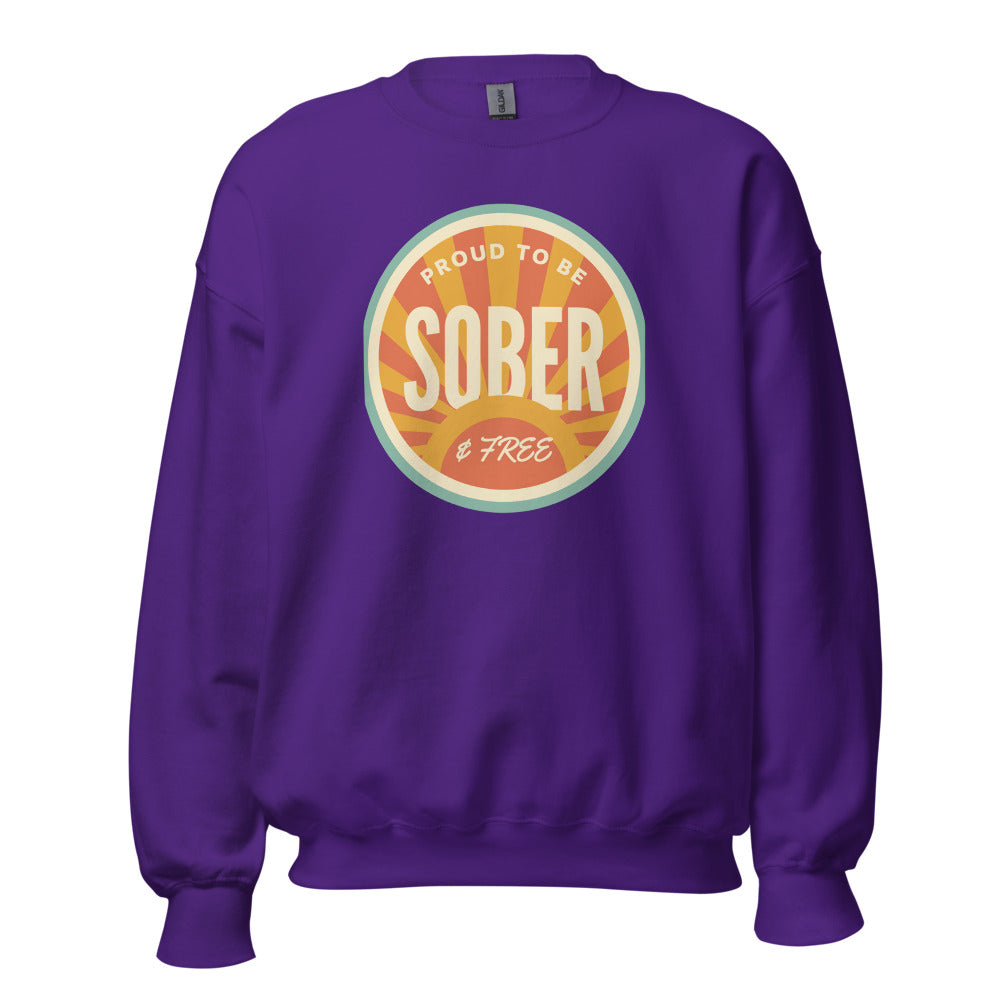 Sober & Proud retro sunburst crewneck sweatshirt — Purple, front