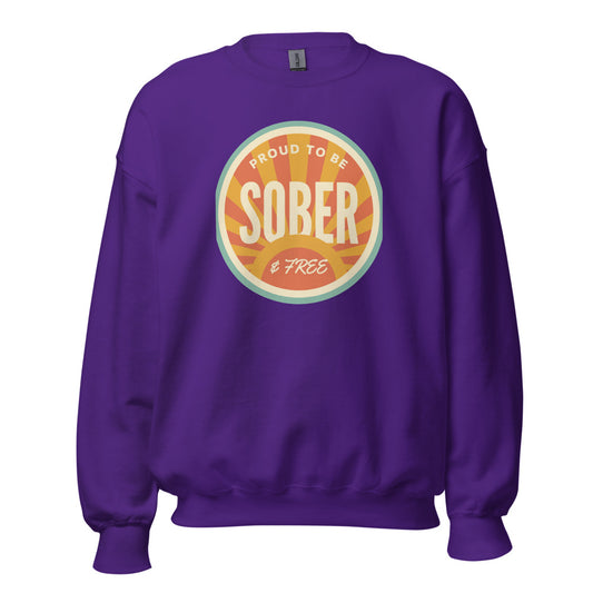 Sober & Proud retro sunburst crewneck sweatshirt — Purple, front