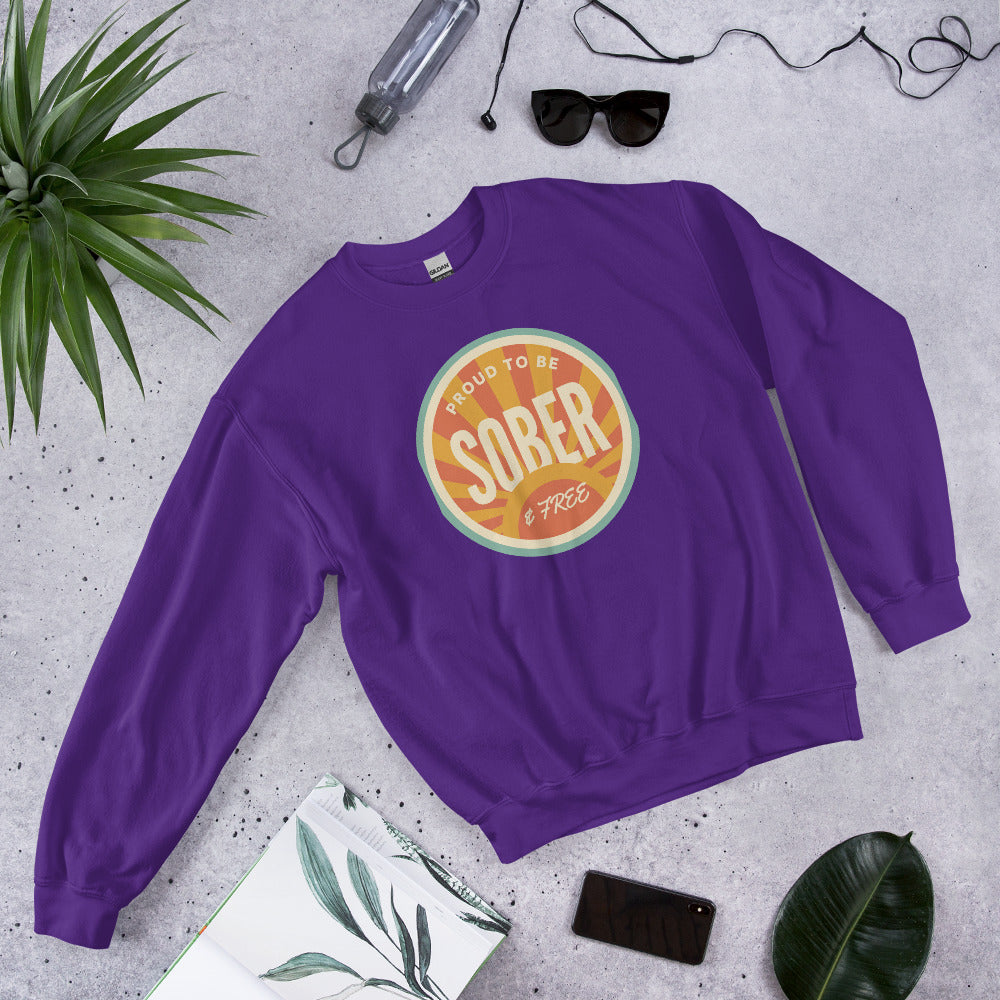 Sober & Proud retro sunburst crewneck sweatshirt — Purple, front-right