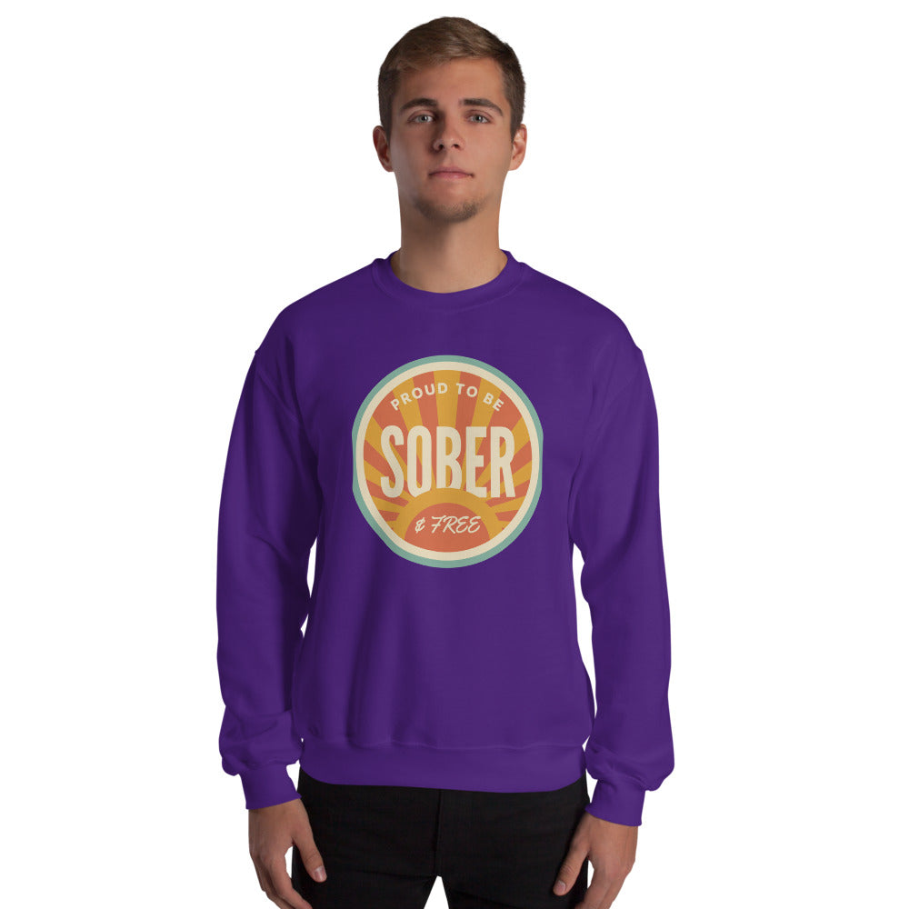 Sober & Proud retro sunburst crewneck sweatshirt — Purple, on model