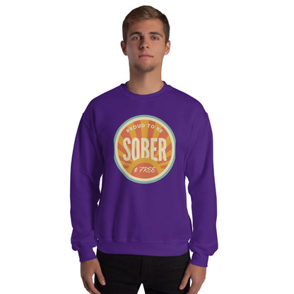 Sober & Proud retro sunburst crewneck sweatshirt — Purple, on model