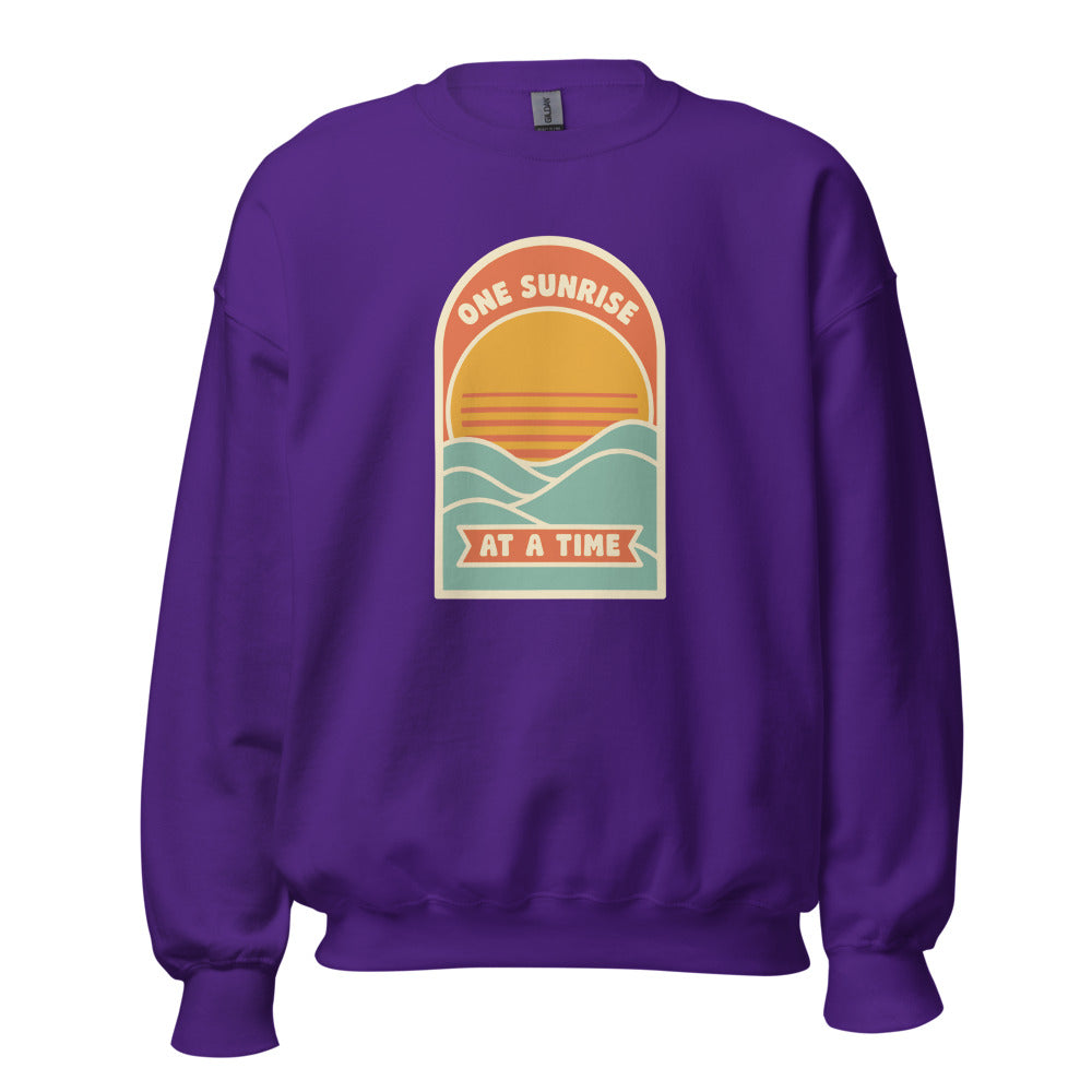 One Sunrise at a Time retro sunrise crewneck sweatshirt — Purple, front