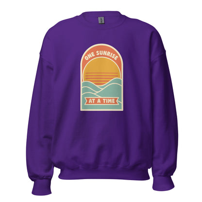 One Sunrise at a Time retro sunrise crewneck sweatshirt — Purple, front
