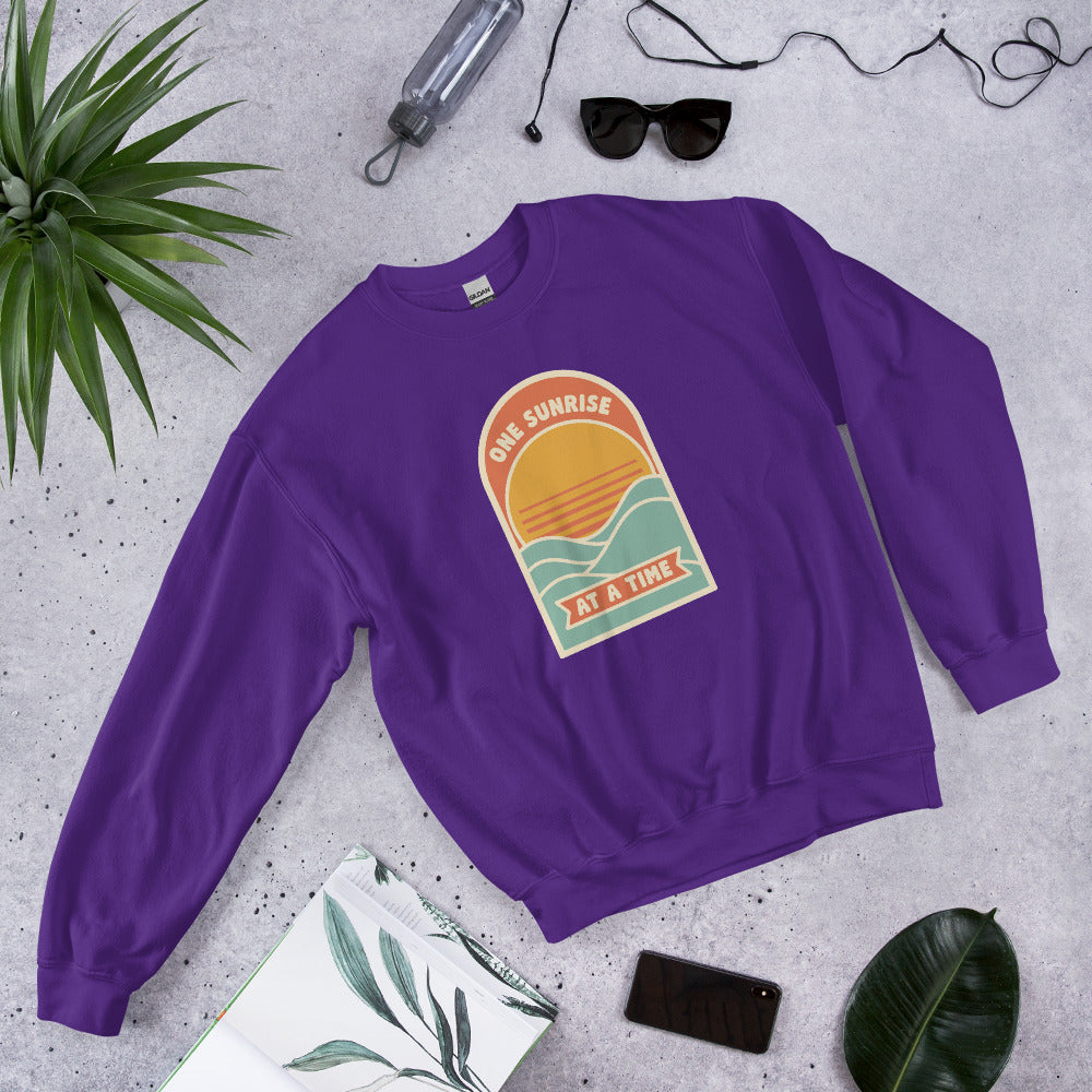 One Sunrise at a Time retro sunrise crewneck sweatshirt — Purple, front-right