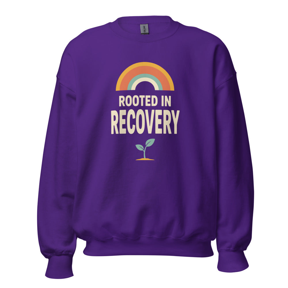 Rooted in Recovery retro rainbow crewneck sweatshirt — Purple, front