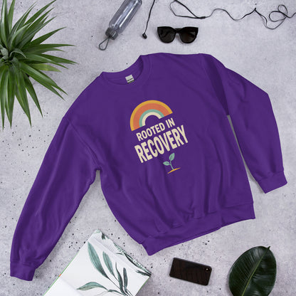 Rooted in Recovery retro rainbow crewneck sweatshirt — Purple, front-right