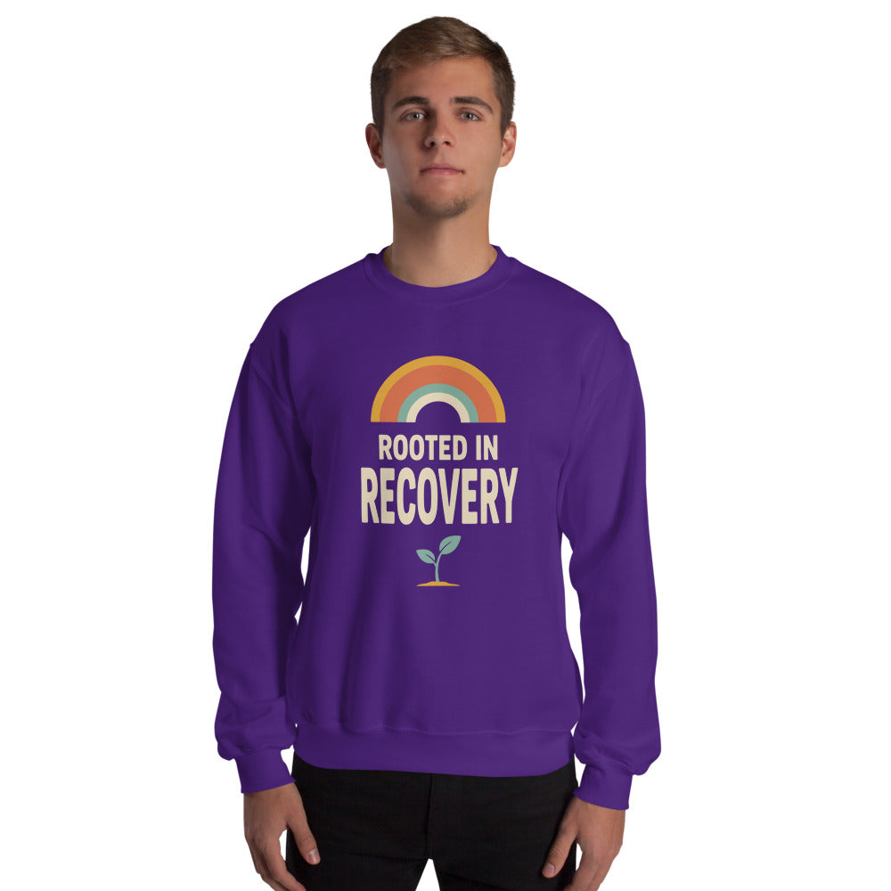 Rooted in Recovery retro rainbow crewneck sweatshirt — Purple, on model
