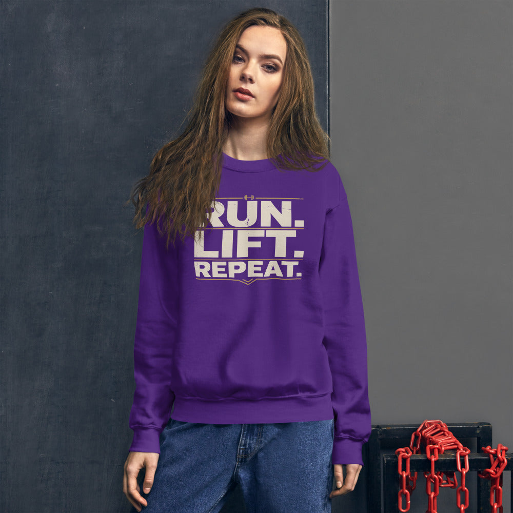 Run Lift Repeat vintage athletic crewneck sweatshirt — Purple, on model