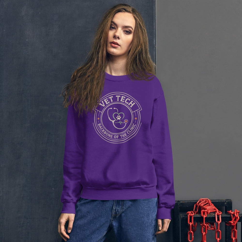 Vet Tech Crest retro veterinary technician crewneck sweatshirt — Purple, on model